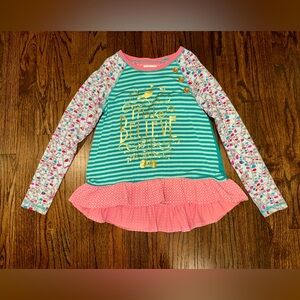 Matilda Jane long sleeve swing top size 8 “Make Believe” green pink stripes dots